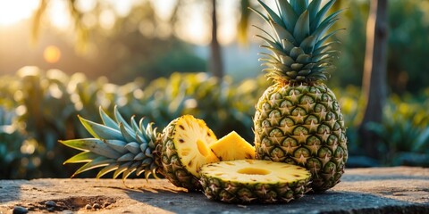 Poster - Fresh Pineapple Halves on Stone Surface with Golden Morning Light and Natural Background Ideal for Summer or Tropical Themes