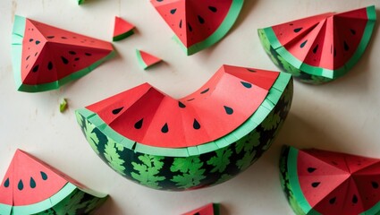 Poster - colorful paper watermelon slices on a light background showcasing playful and creative design elemen