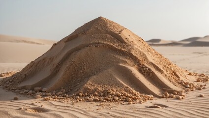 Poster - Piled desert sand formation with gentle ridges and texture against a soft, blurred sandy landscape under natural lighting.