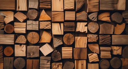 Poster - wooden mosaic texture featuring assorted pieces of natural wood in varying shapes and colors creatin