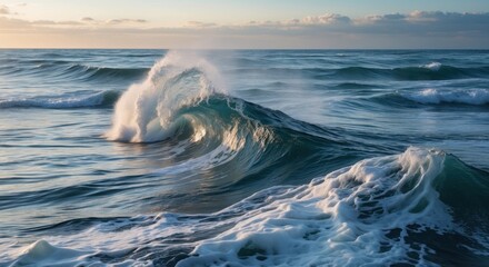 Poster - Majestic ocean waves crashing with dynamic motion and sunlight reflecting on tranquil water surface at dusk.