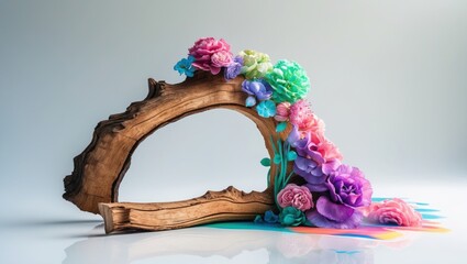 Poster - wooden art piece adorned with colorful flowers on a minimalist background showcasing artistic design