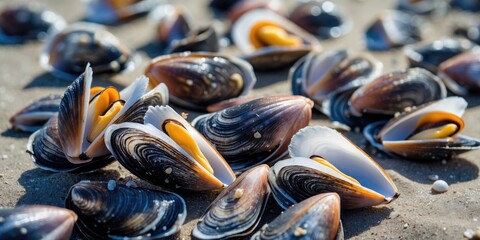 Poster - Close-up of mussel shells scattered on sandy beach with soft focus and ample empty space for text overlay or captions.