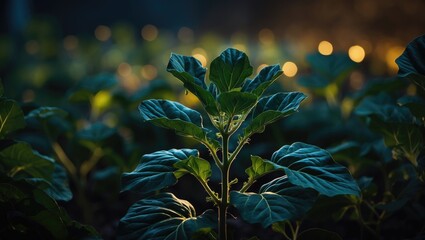Poster - Nighttime Photo of Eggplant Plant Leaves Illuminated by Soft Lighting with Available Space for Text Overlay