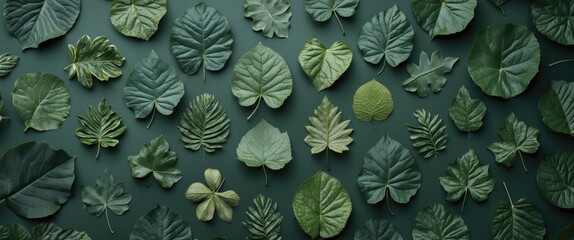 Poster - Leaf pattern background with various green leaves arranged artistically, featuring empty space for text and design elements.