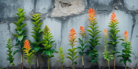 Poster - Cempedak plants with vibrant orange flowers against a textured wall showcasing natural growth and an empty space for text or design elements