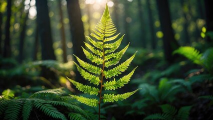 Poster - lush fern leaf in sunlit forest surrounded by greenery showcasing nature's beauty and tranquility in