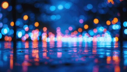 Poster - Bokeh lights reflecting on a blue background creating a vibrant and dreamy atmosphere for artistic or festive themes.