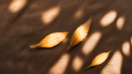 Poster - Abstract blurred shadows of yellowed leaves on a textured brown fabric background creating a warm and serene natural composition.