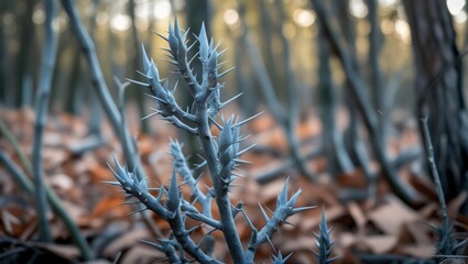 Poster - Thorny gray plant emerging in a forest setting with autumn leaves creating a dramatic natural backdrop and soft light filtering through trees