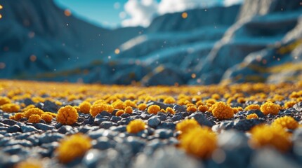 Poster - Colorful ground texture with yellow clusters and pebbles in a mountainous landscape under a bright sky.