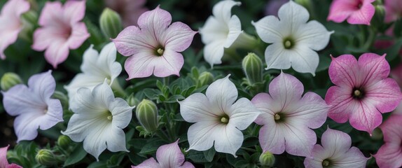 Poster - colorful petunia flowers in various shades blooming in a garden setting with lush green foliage show
