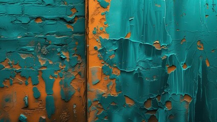 Poster - Teal and petrol colored wall texture with distressed layers and shades of orange creating an abstract background for design use.