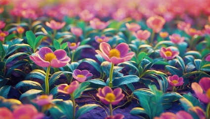 Poster - Vibrant Flowering Plants in Lush Field with Colorful Blooms and Empty Space for Text or Graphics