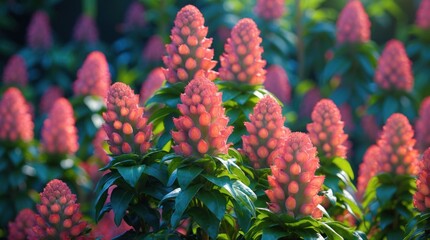 Poster - vibrant close-up of stephania erecta plant showcasing unique pink floral spikes against lush green f