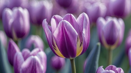 Poster - macro shot of vibrant purple tulip petals surrounded by flowers in a lush garden setting with soft n