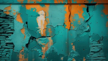 Poster - Textured petrol wall with varied shades of teal and orange, showcasing cracked and distressed paint for artistic and design applications.