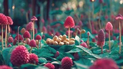 Poster - colorful botanical scene featuring peanuts surrounded by vibrant pink flowering plants with space fo