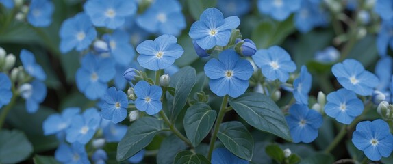 Poster - Close-up of delicate periwinkle flowers in clear blue hues with lush green foliage and ample empty space for text and design elements.