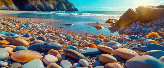 Poster - Pebble beach with colorful stones and gentle waves under a bright sky ideal for natural backgrounds and serene landscapes.