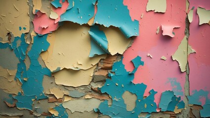 Poster - Textured peeling wall with vibrant colors revealing layers of paint in a vintage distressed aesthetic suitable for various design projects.