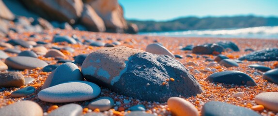 Poster - Scenic pebble beach with colorful stones and tranquil ocean view under bright sunlight offering natural background for design use.