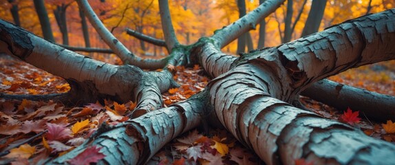 Poster - detailed autumn tree trunk texture with vibrant foliage and space for text in a beautiful forest set