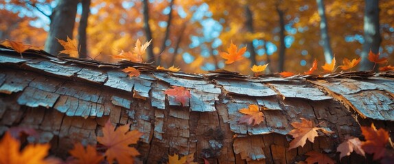 Poster - autumn tree trunk texture with colorful leaves and blurred background ideal for copy space and natur