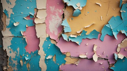 Poster - Textured peeling paint in vibrant colors revealing a worn and weathered wall surface ideal for backgrounds or artistic designs.