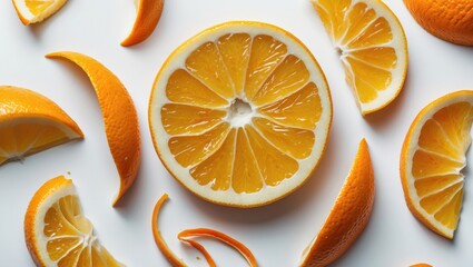 Poster - Fresh Orange Slices and Peels on White Background Capturing Vibrant Citrus Colors and Textures Ideal for Food and Culinary Themes