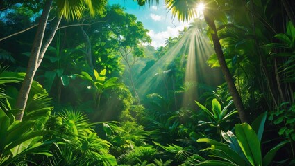 Poster - lush tropical jungle landscape with sun rays illuminating dense green vegetation creating a serene a