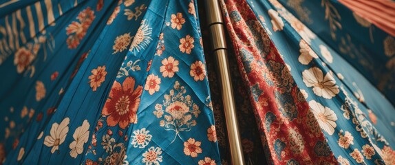 Poster - Floral Patterns on Vintage Umbrella Canopy Displaying Colorful Textile Design and Unique Aesthetic Details