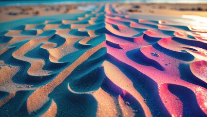 Poster - Textured Patterns of Colorful Sand Dunes on Beach Creating Depth and Dimension with Space for Text Overlay