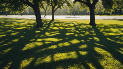 Poster - intricate tree shadow patterns cast on vibrant green grass in a sunlit park setting showcasing natur