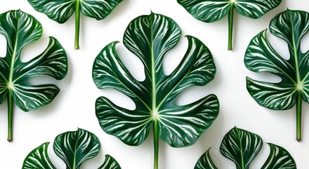Poster - pattern of vibrant green caladium leaves arranged on a white background with clipping path for botan