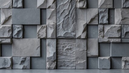 Poster - Modern gray textured stone wall design featuring intricate patterns and details for contemporary interiors or architectural backgrounds