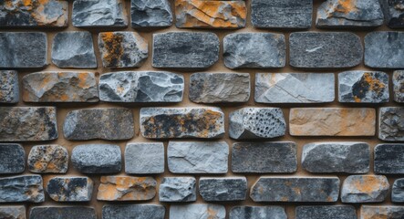 Poster - Rustic stone wall texture featuring a mix of gray and orange hues ideal for backgrounds or architectural design projects.