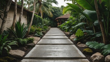 Poster - Tropical Garden Pathway with Concrete Slabs Surrounded by Lush Greenery Ideal for Text Overlay or Design Projects