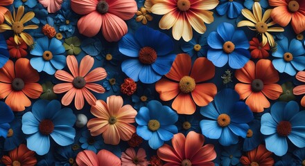 Poster - Vibrant floral pattern abstract background featuring colorful flowers in blue, orange, and pink tones for decorative design projects.