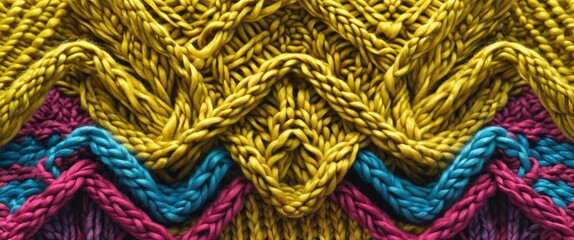 Poster - Vibrant handmade knitted wool fabric texture featuring yellow, pink, and blue patterns for cozy textile background or fashion design.