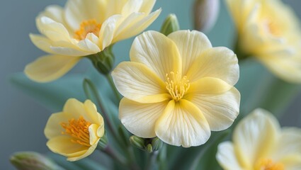 Poster - Delicate Pastel Yellow Flower Bouquet with Soft Petals and Green Leaves in a Bright Natural Setting