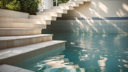 Poster - Submerged Staircase Leading to a Tranquil Swimming Pool with Reflections and Natural Light