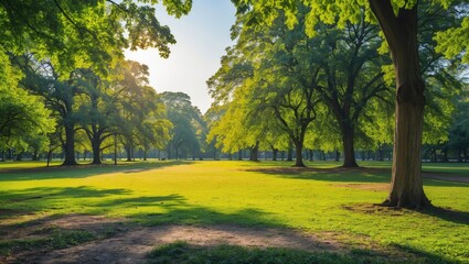 Poster - Serene Park Landscape with Lush Greenery under Bright Sunlight and Ample Copy Space for Text or Marketing Content