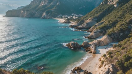 Poster - Breathtaking Panoramic View of Rocky Coastline with Crystal Clear Waters and Secluded Beach Under Bright Sunshine
