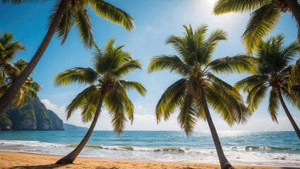 Wall Mural - Tropical paradise with lush palm trees swaying near a serene beach and sparkling sea under a clear blue sky during a sunny day