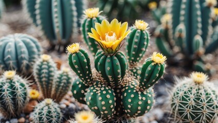 Poster - Vibrant Palodia cactus in bloom showcasing striking yellow flowers amidst a diverse collection of spiky green cacti species.