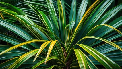 Poster - Lush green palm leaves with striking yellow stripes creating a vibrant tropical texture perfect for nature backgrounds or design elements.