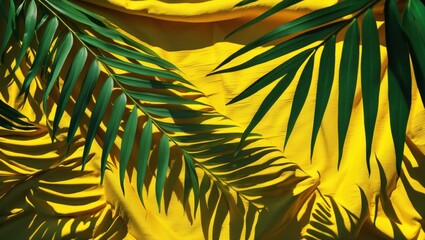 Poster - palm leaves casting shadows on vibrant yellow textured fabric creating a tropical and artistic compo
