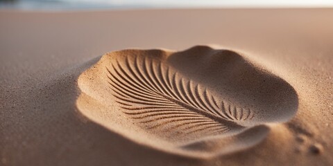 Poster - Palm Leaf Imprint in Smooth Sand with Clear Space for Text Overlay and a Natural Beach Background