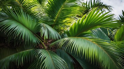 Poster - lush green palm tree leaves backdrop highlighting tropical foliage and natural beauty in a vibrant s